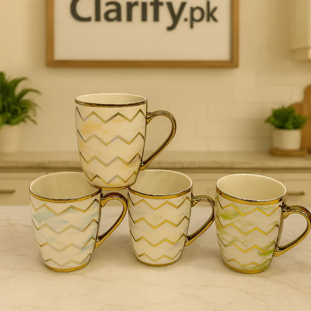 Golden Handle Ceramic Mug – Elegant Chevron Pattern (Each)