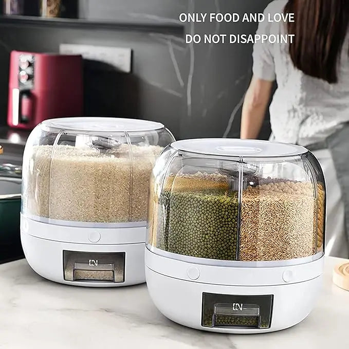 Premium 360° Rotating 6-Grid Grain Dispenser - One-Touch Cereal & Rice Organizer
