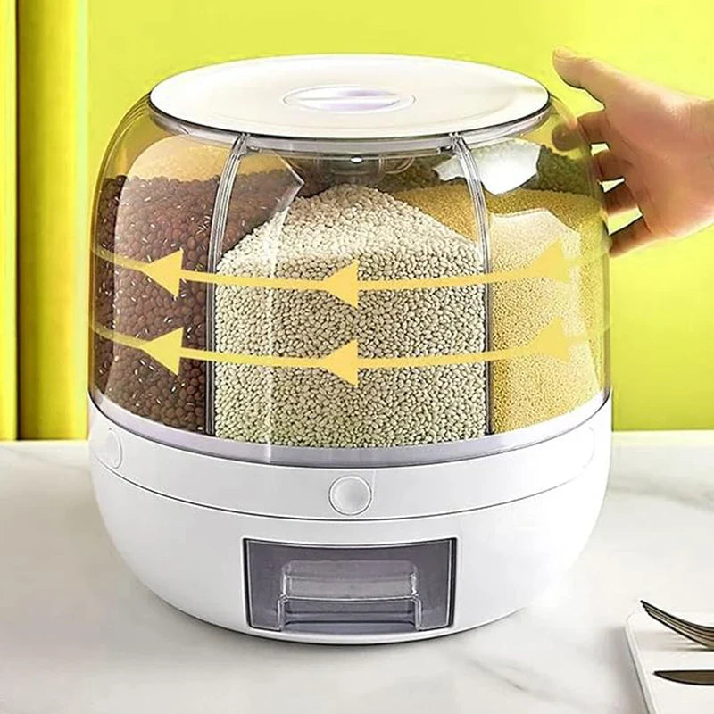 Premium 360° Rotating 6-Grid Grain Dispenser - One-Touch Cereal & Rice Organizer