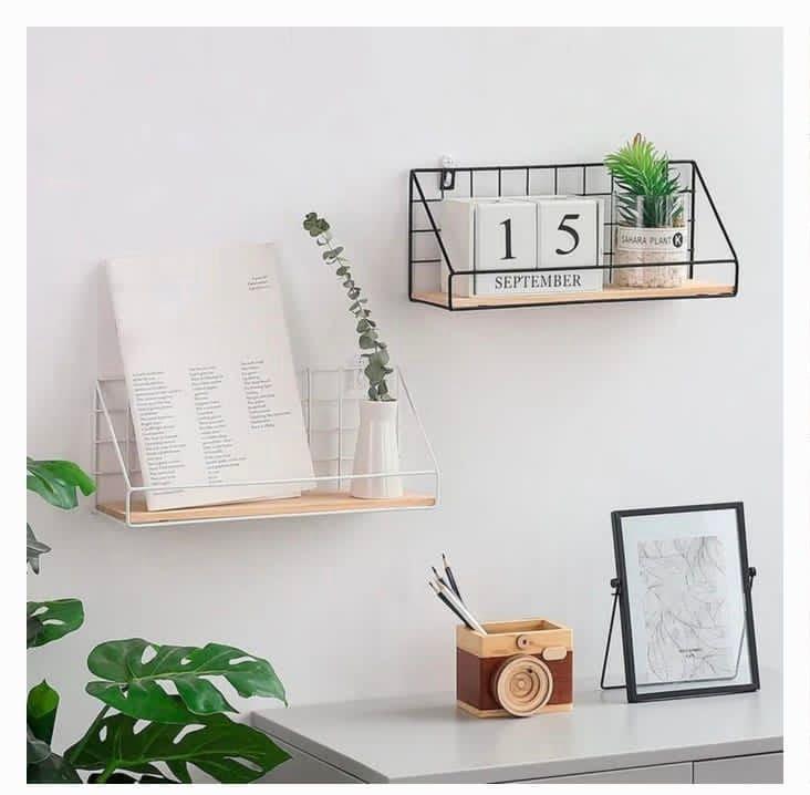 Metal Grid Wall Shelf with Wooden Base for Stylish Home Storage