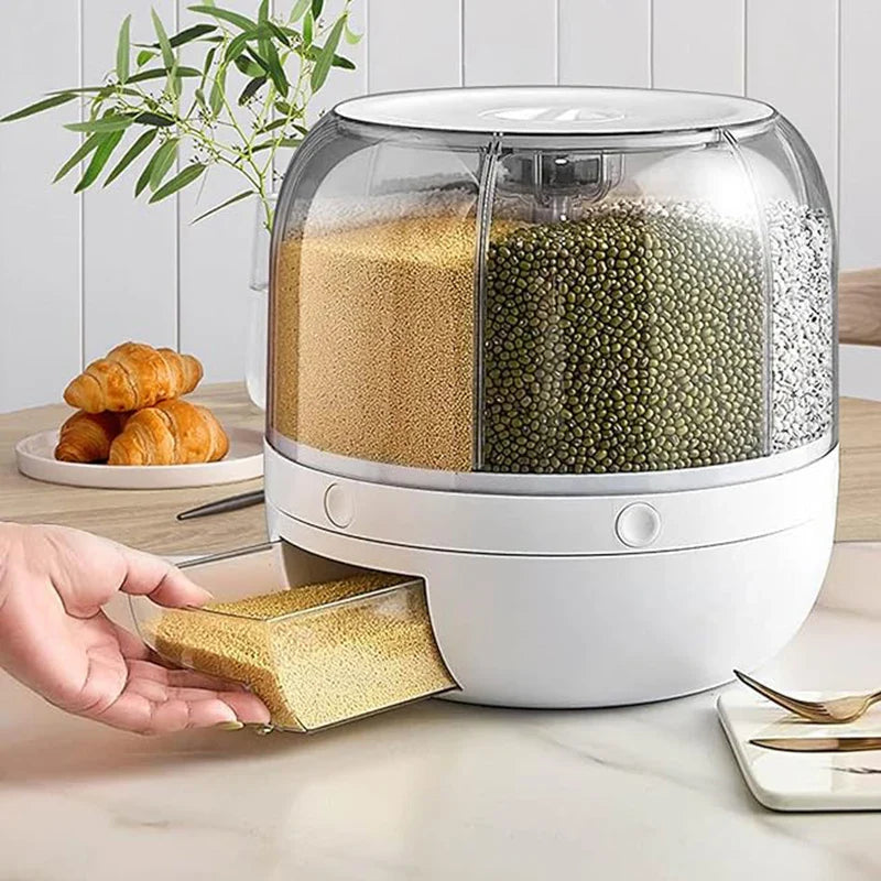 Premium 360° Rotating 6-Grid Grain Dispenser - One-Touch Cereal & Rice Organizer