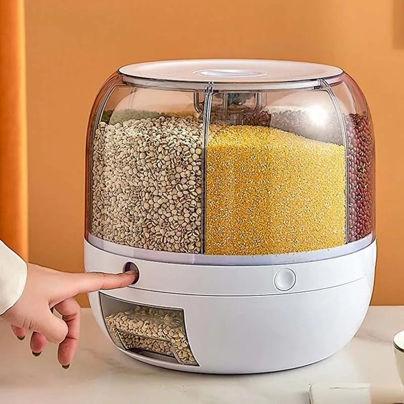 Premium 360° Rotating 6-Grid Grain Dispenser - One-Touch Cereal & Rice Organizer