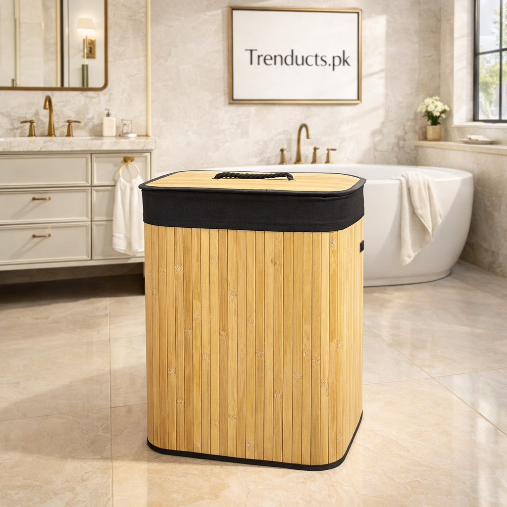 Bamboo Laundry Basket – Foldable Heavy-Duty Clothes Hamper with Lid & Removable Washable Liner