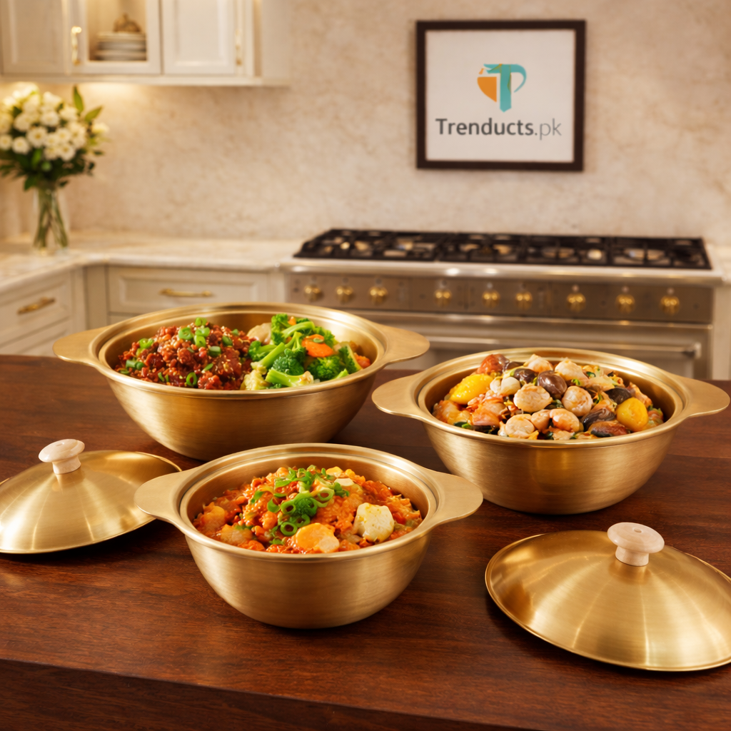 Premium Golden Serving Bowl with Wooden Knob Lid