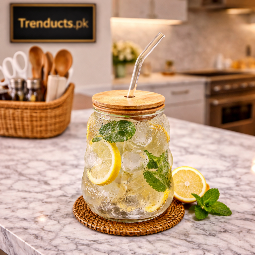 Aesthetic Ripple Wave Iced Tea Glass with Bamboo Lid