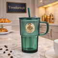 Premium Emerald Glass Sipper Mug with Handle – Luxury Textured Finish