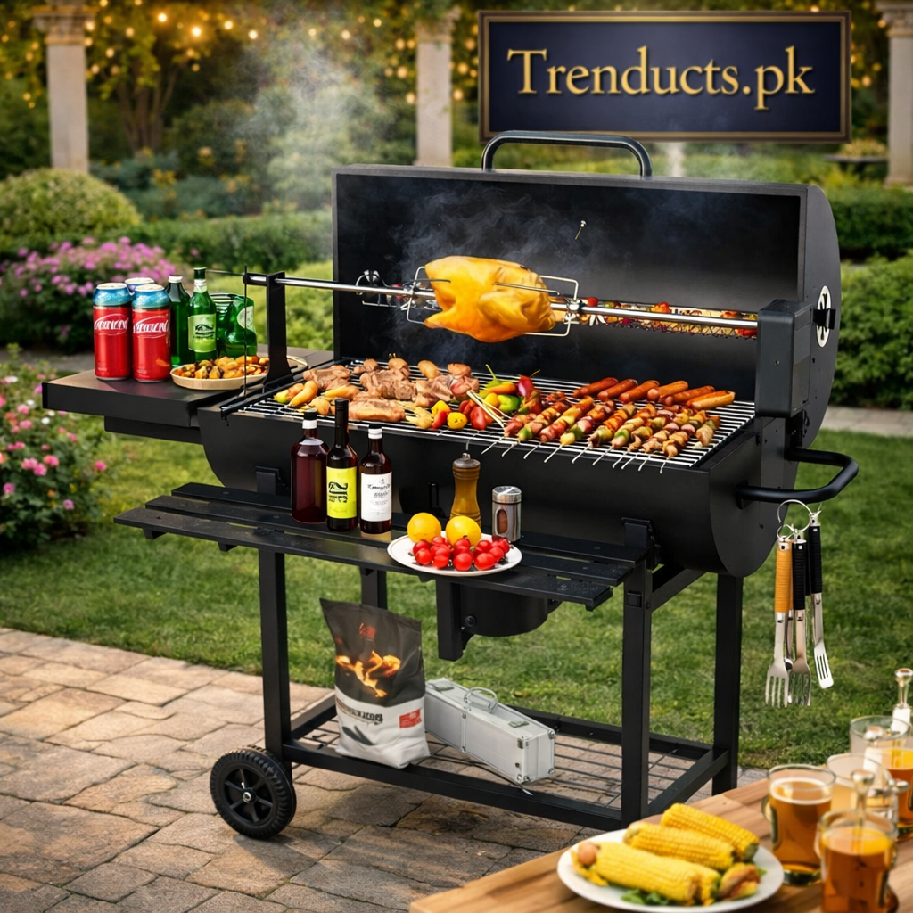 Monster Barrel BBQ Grill with Automatic Rotisserie & Skewer Station