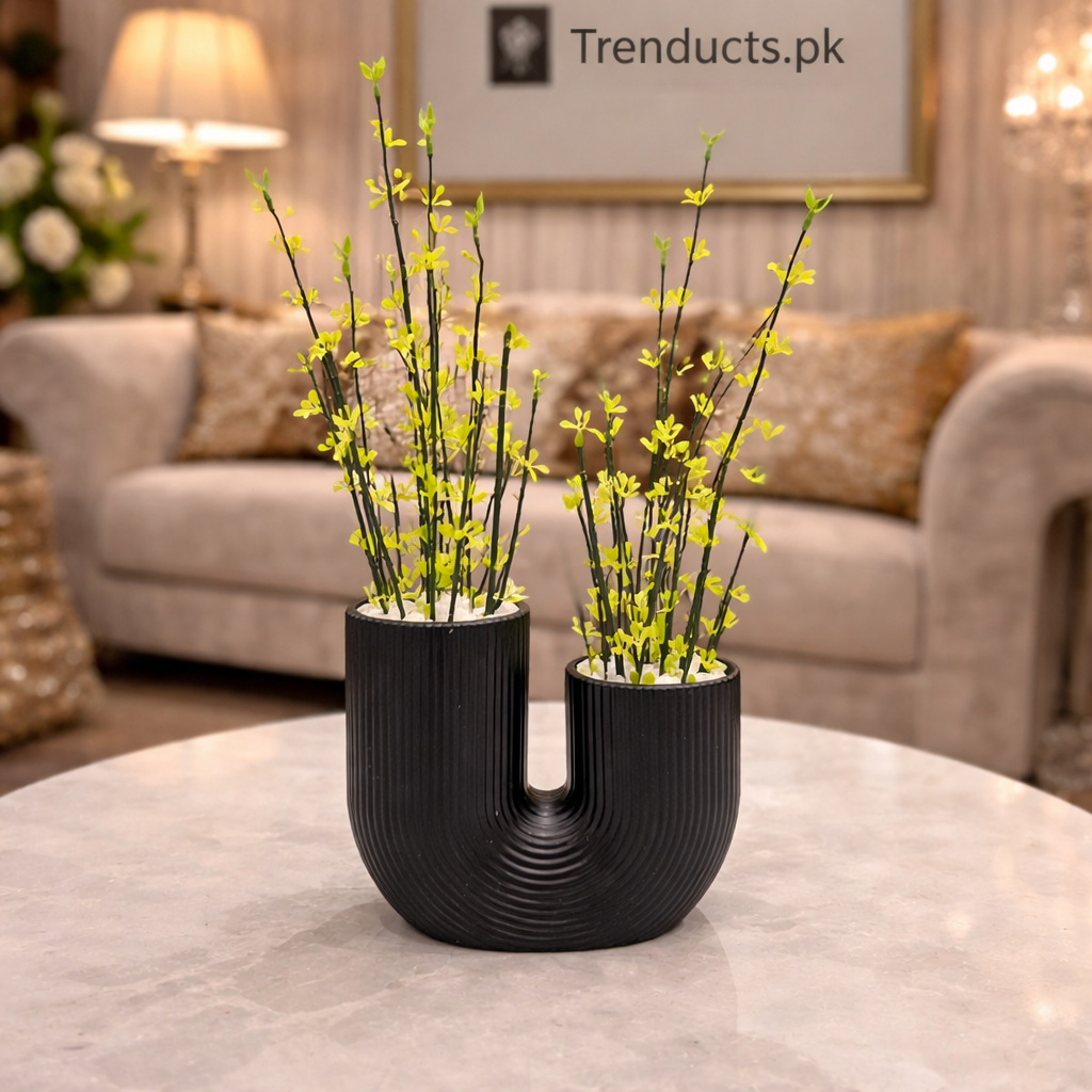 Modern U-Shaped Ribbed Vase & Floral Arrangement (13" x 8")