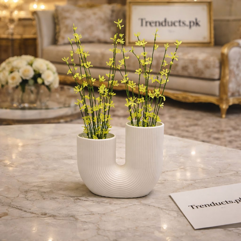 Modern U-Shaped Ribbed Vase & Floral Arrangement (13" x 8")