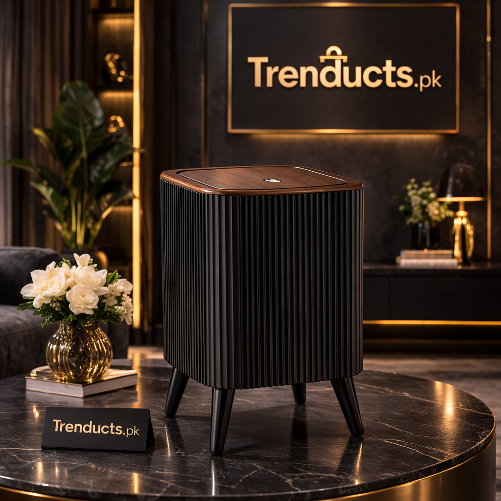 Modern Nordic Fluted Dustbin – Waste Basket with Wooden Lid & Elevated Legs