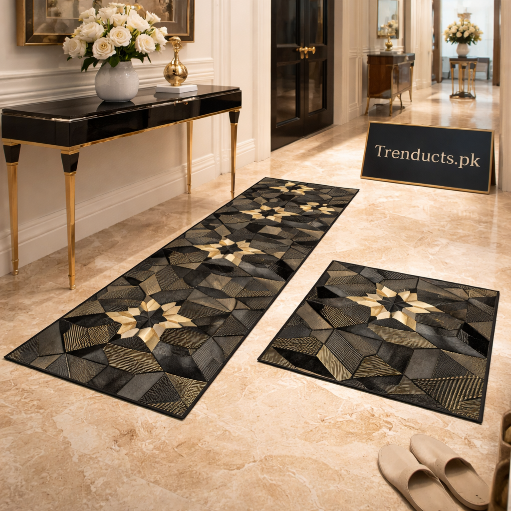 Modern Geometrical 2-Piece Runner Mat Set – Nappa Leather Fabric & Anti-Slip Rubber Base