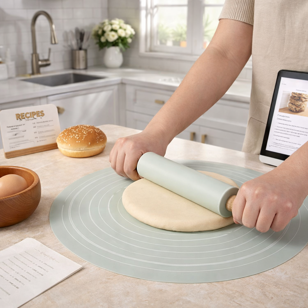 Wooden Rolling Silicone Pin & Baking Mat Set