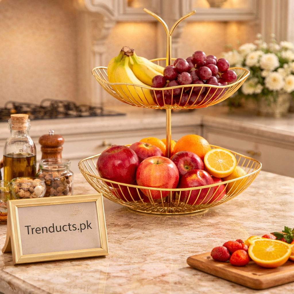 Luxury Gold Metal 2-Tier Fruit Basket – Elegant Table Decor