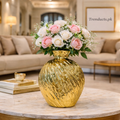Golden Ribbed Ceramic Vase – Elegant Home Decor Centerpiece