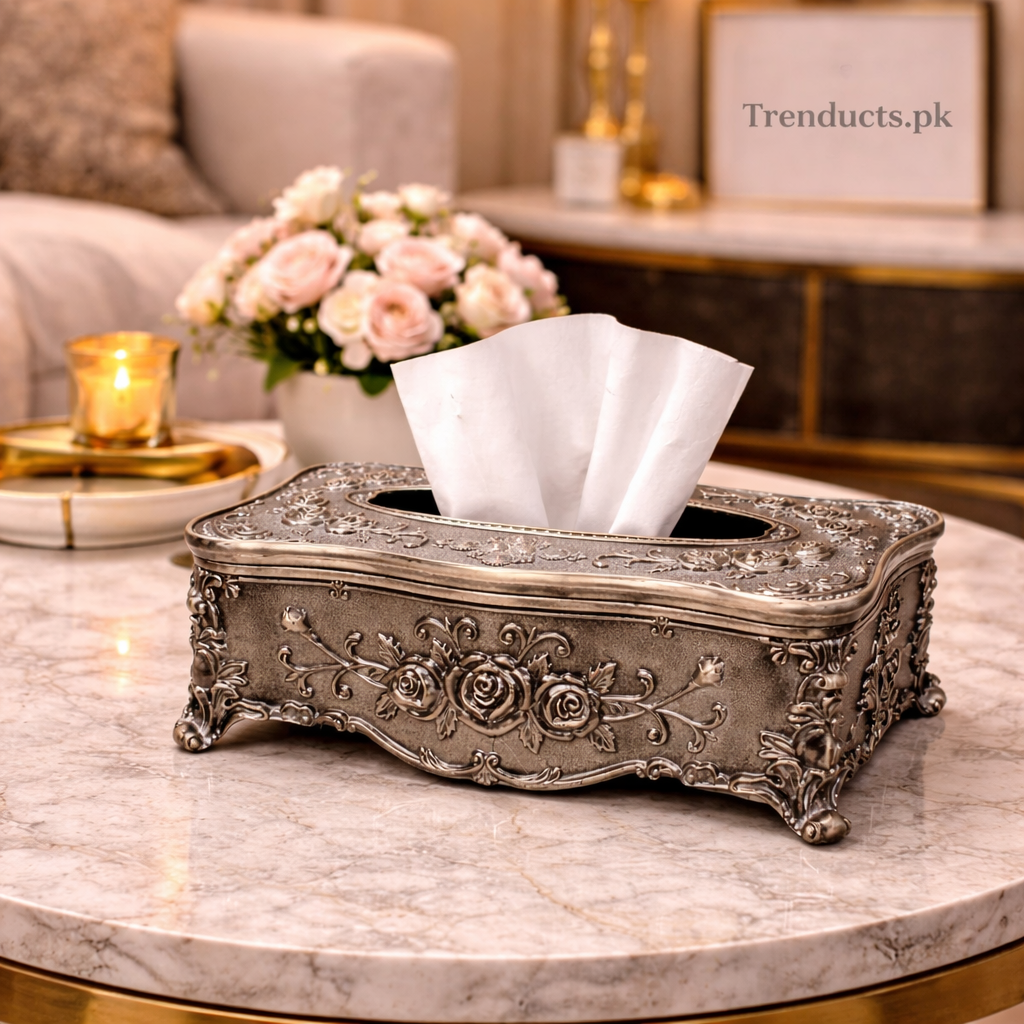Royal Antique Metal Tissue Box – Vintage Floral Centerpiece