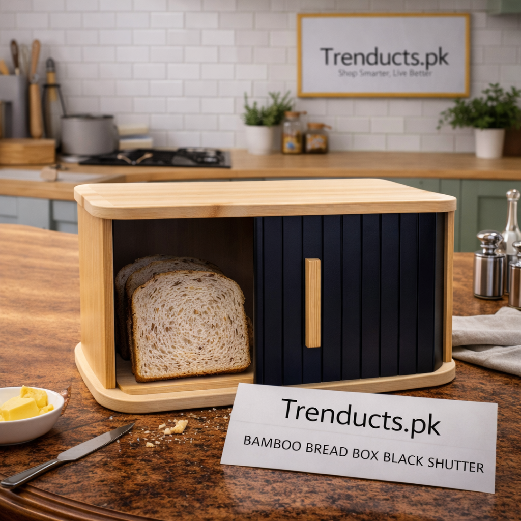 Elite Bamboo Bread Box with Matte Black Roll-Top Shutter