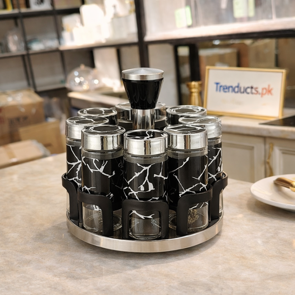 8-Piece Rotating Spice Rack - Marble Finish with Glass Jars
