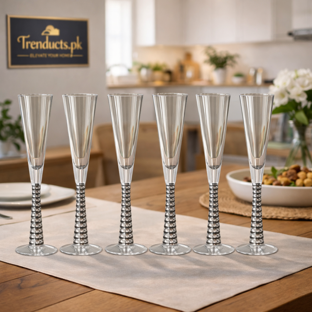 Screw Champagne Flutes – Silver Textured Set of 6