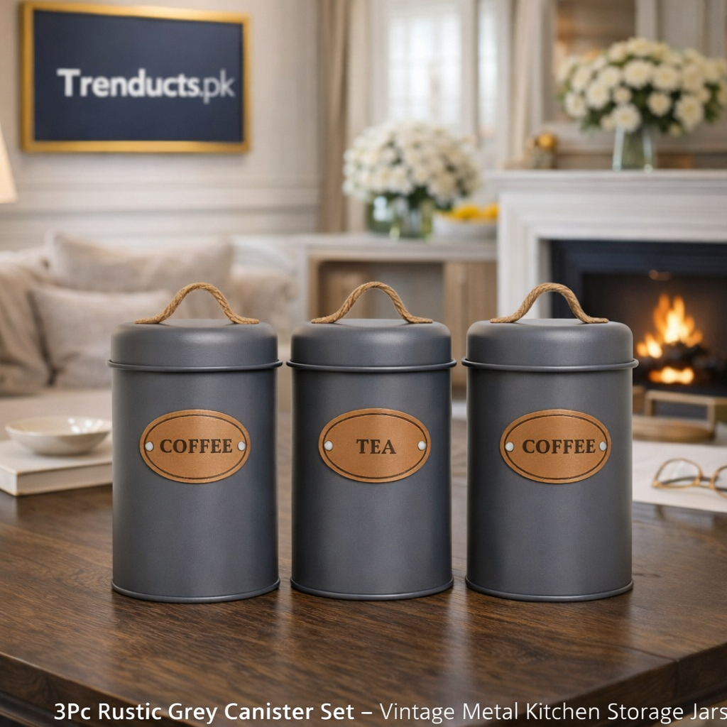 3Pc Rustic Grey Canister Set – Vintage Metal Kitchen Storage Jars
