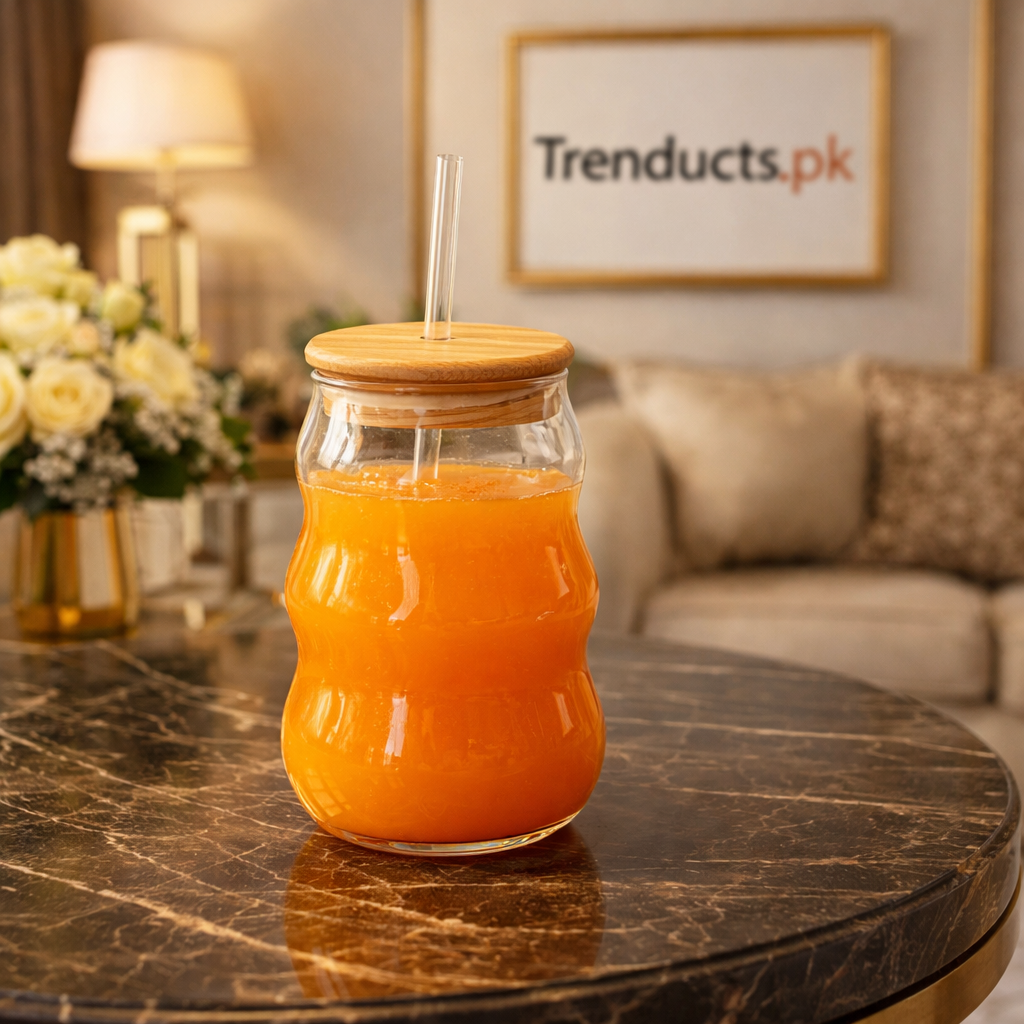 Aesthetic Wavy Iced Tea Glass with Bamboo Lid