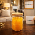 Aesthetic Ribbed Iced Tea Glass with Bamboo Lid