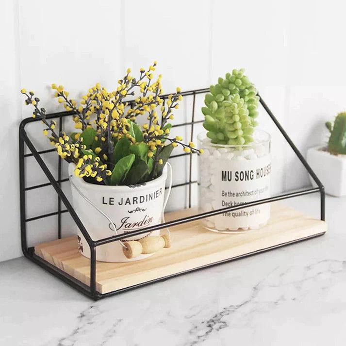 Metal Grid Wall Shelf with Wooden Base for Stylish Home Storage