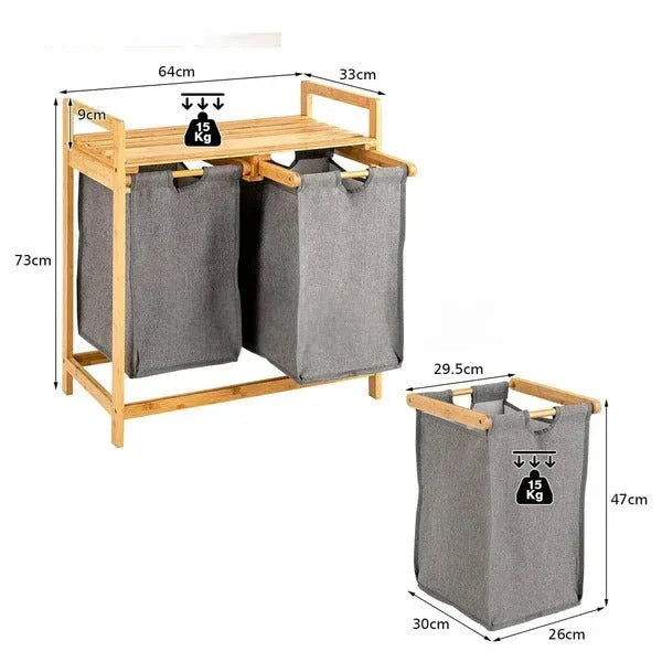 Double Compartment Bamboo Laundry Sorter – Grey Fabric Bags