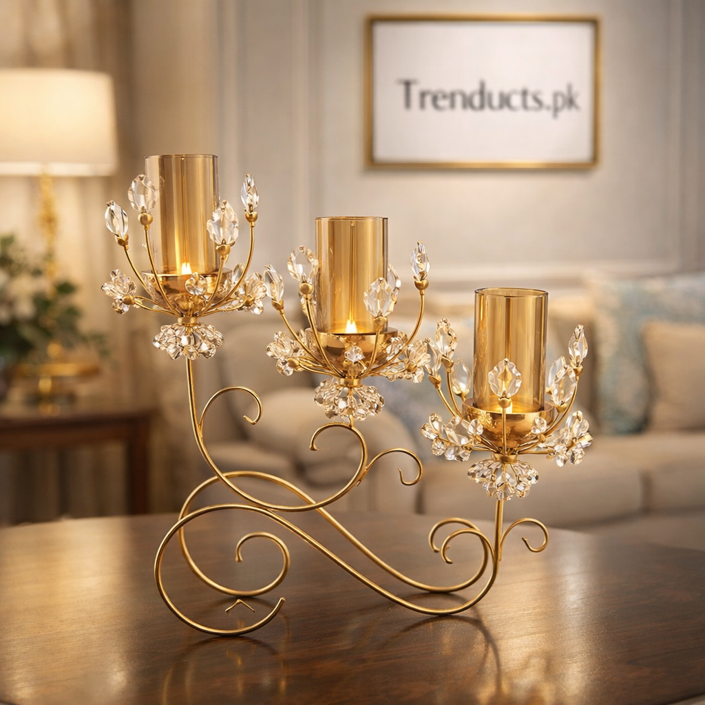 Luxury 3-Piece Crystal Goblet Metal Candle Stand Set