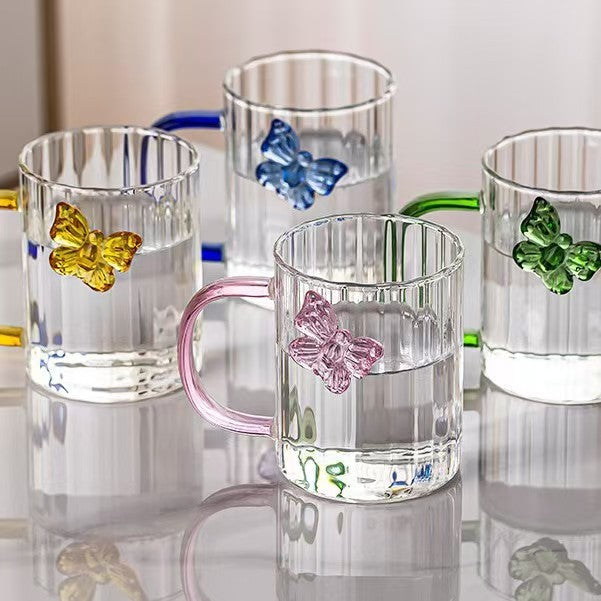 Luxury 3D Butterfly Striped Glass Mug - Creative Colored Handle Tea & Coffee Cup