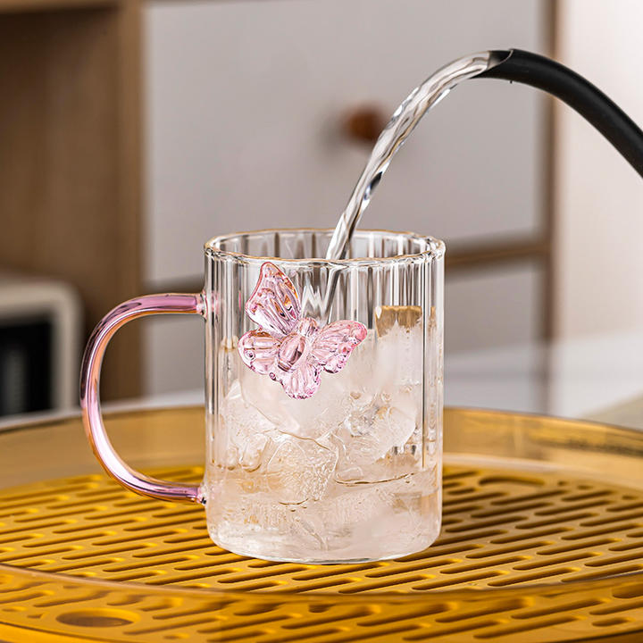 Luxury 3D Butterfly Striped Glass Mug - Creative Colored Handle Tea & Coffee Cup