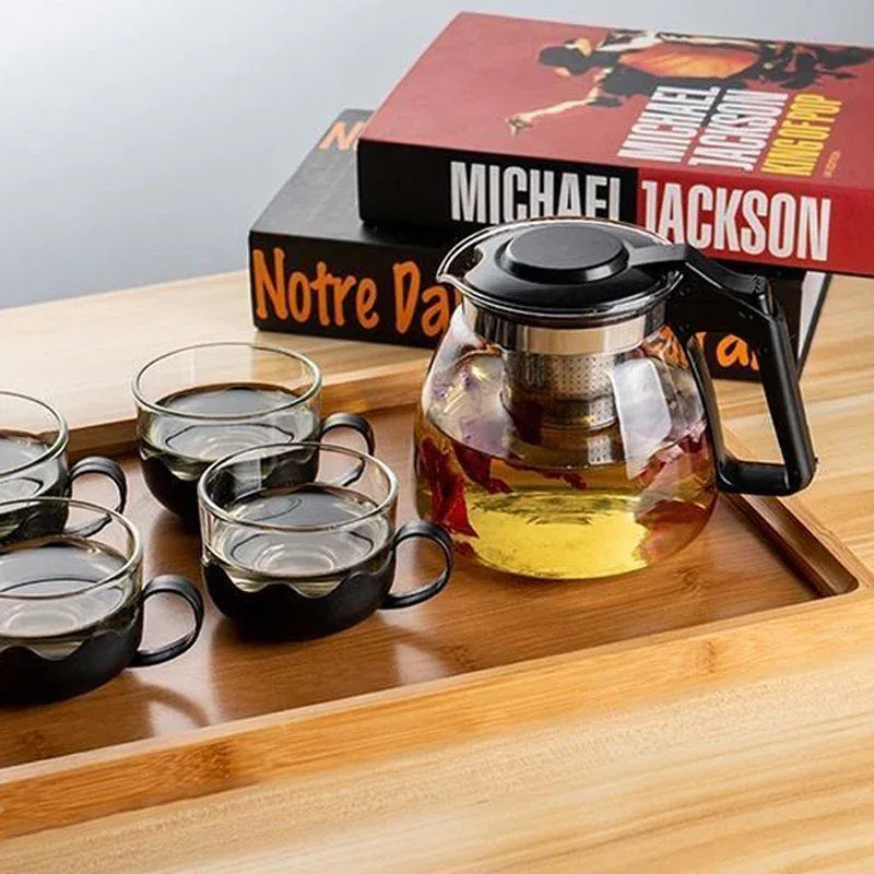 Heat Resistant Glass Teapot Set – 900ml Kettle with Stainless Steel Filter & 3 Cups
