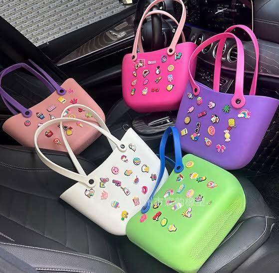 Cute Crocs Body Charm Bag – Soft Rubber Tote with Decorative Pins