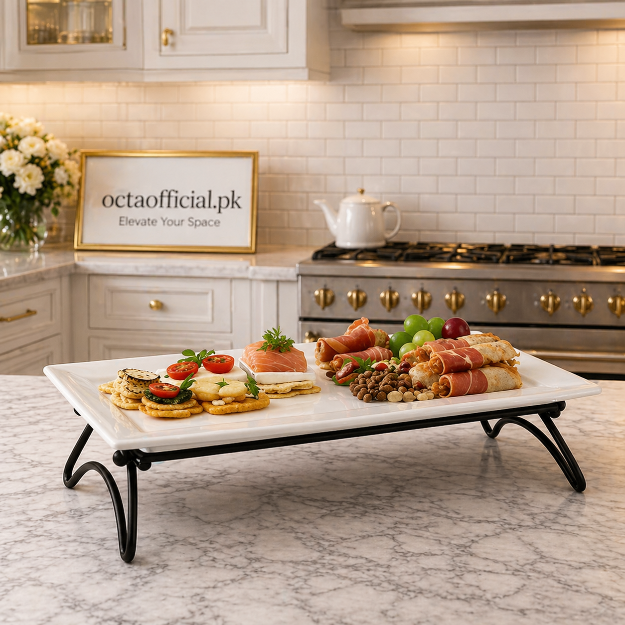 14-Inch Rectangular Ceramic Platter with Wrought Iron Stand
