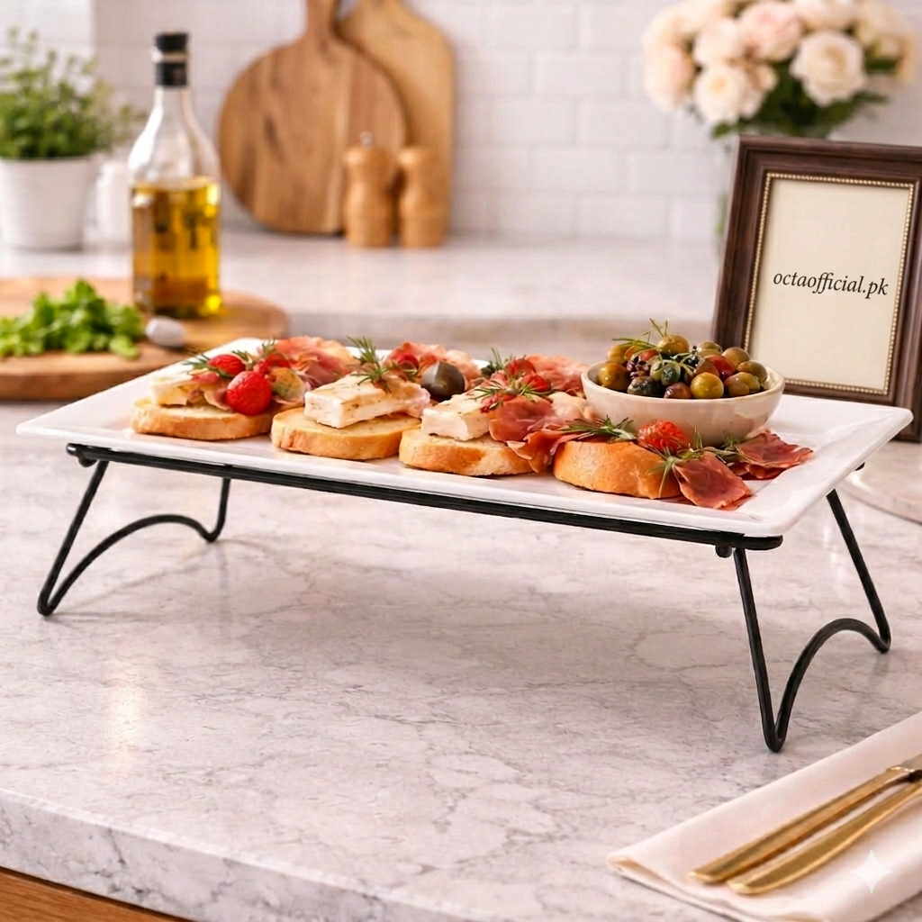 14-Inch Rectangular Ceramic Platter with Wrought Iron Stand