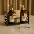 Amber Soap & Lotion Dispenser Set with Gold Caddy – Elegant Refillable Organizer