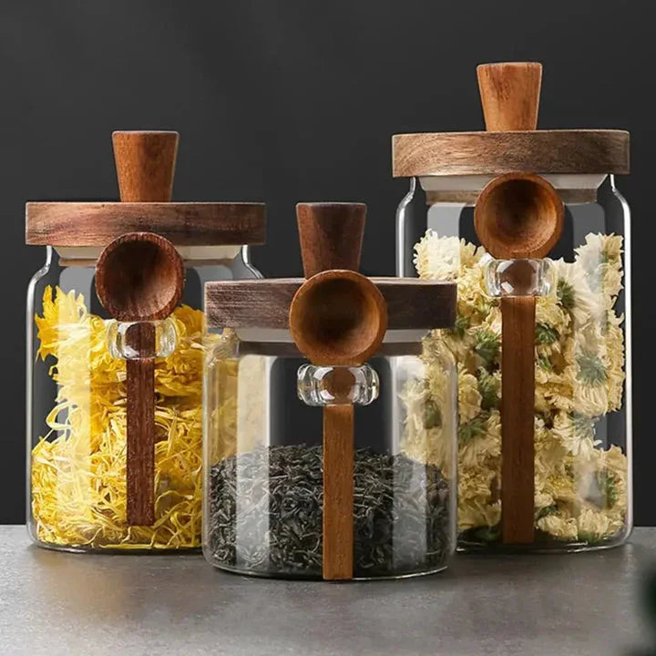 Wooden Knob Glass Jar with Spoon – Kitchen Storage