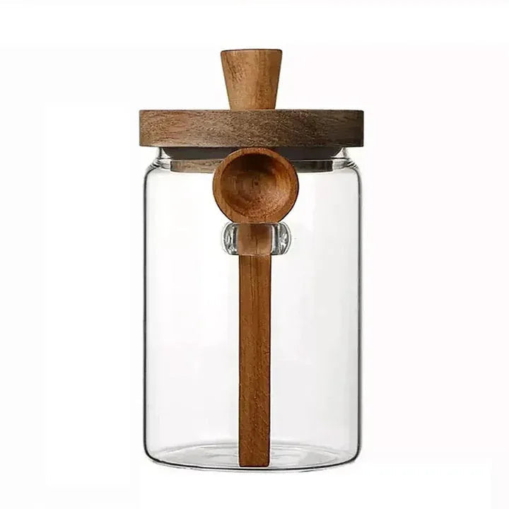 Wooden Knob Glass Jar with Spoon – Kitchen Storage