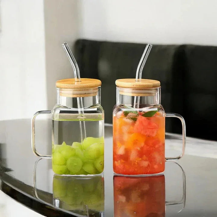 Mason Jar Glass with Handle & Bamboo Lid – Aesthetic