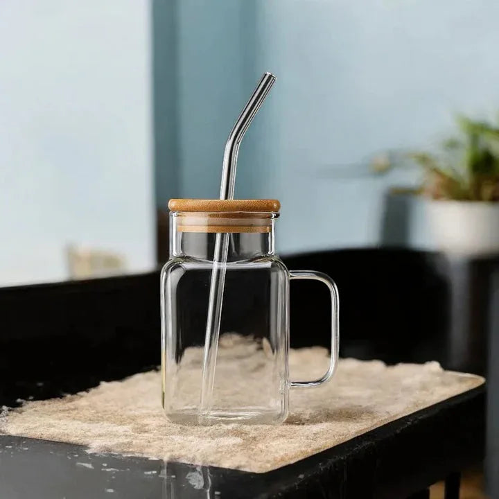 Mason Jar Glass with Handle & Bamboo Lid – Aesthetic