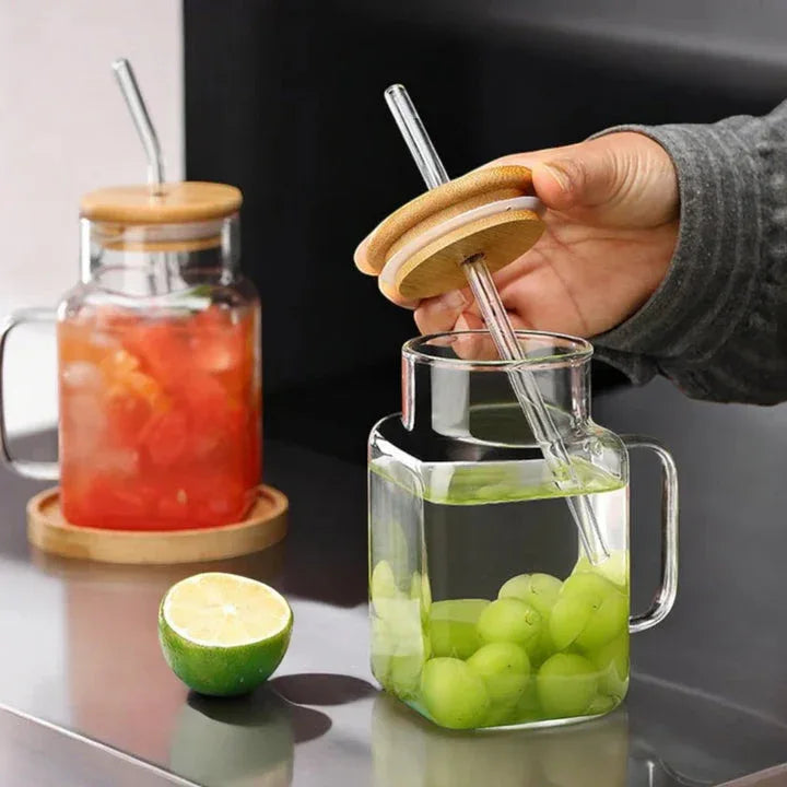 Mason Jar Glass with Handle & Bamboo Lid – Aesthetic