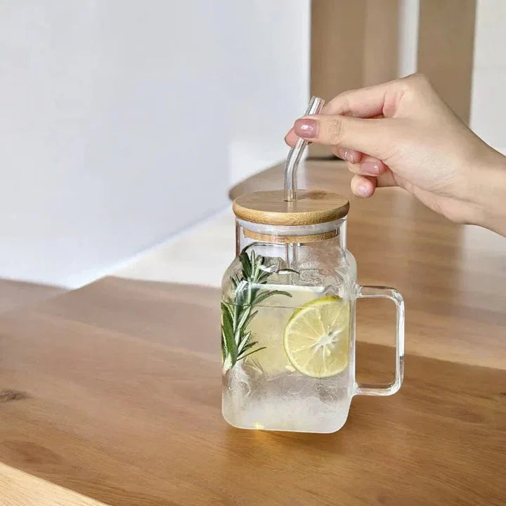 Mason Jar Glass with Handle & Bamboo Lid – Aesthetic