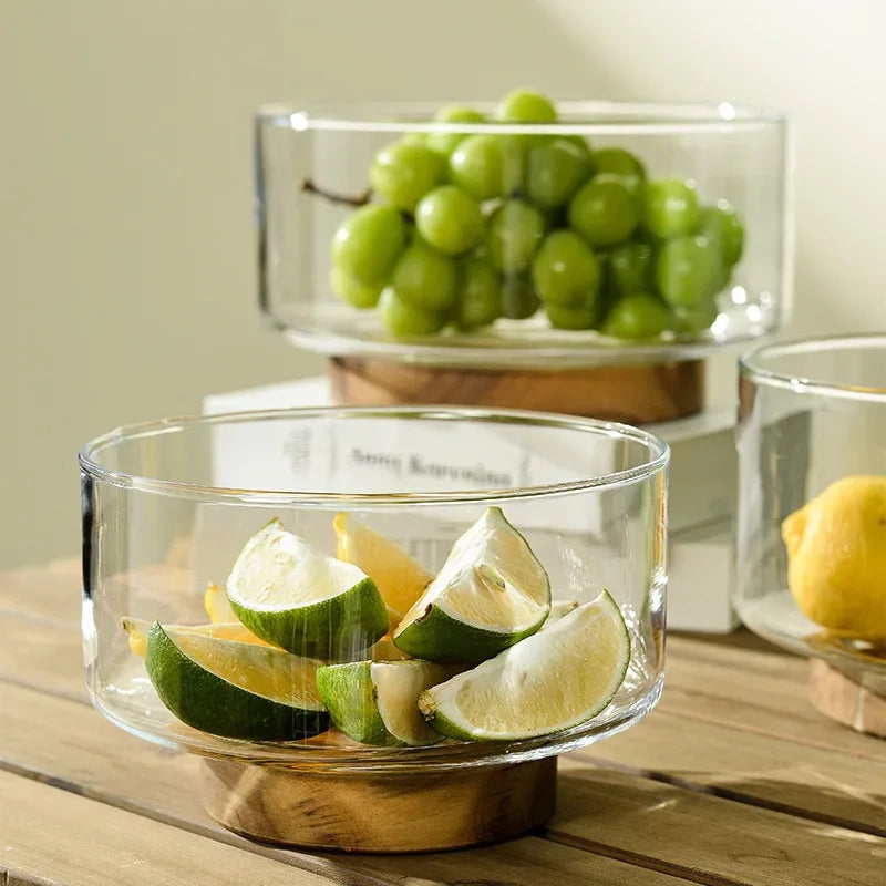 Japanese Style Glass Fruit Plate Holder with Wood Base