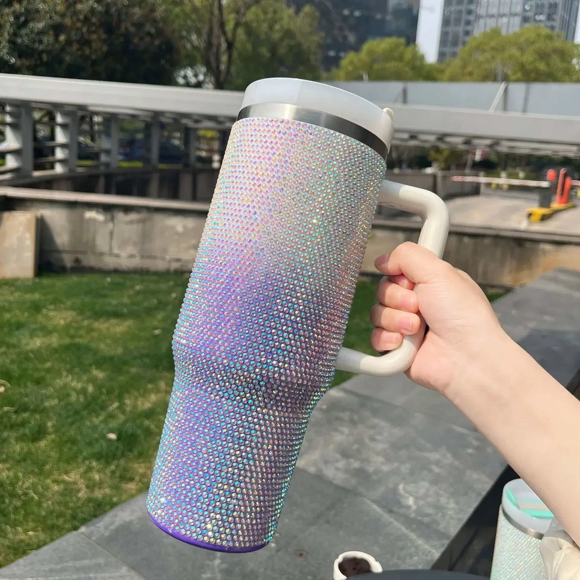 40oz Rhinestone Double Shade Tumbler with Handle (Random color)