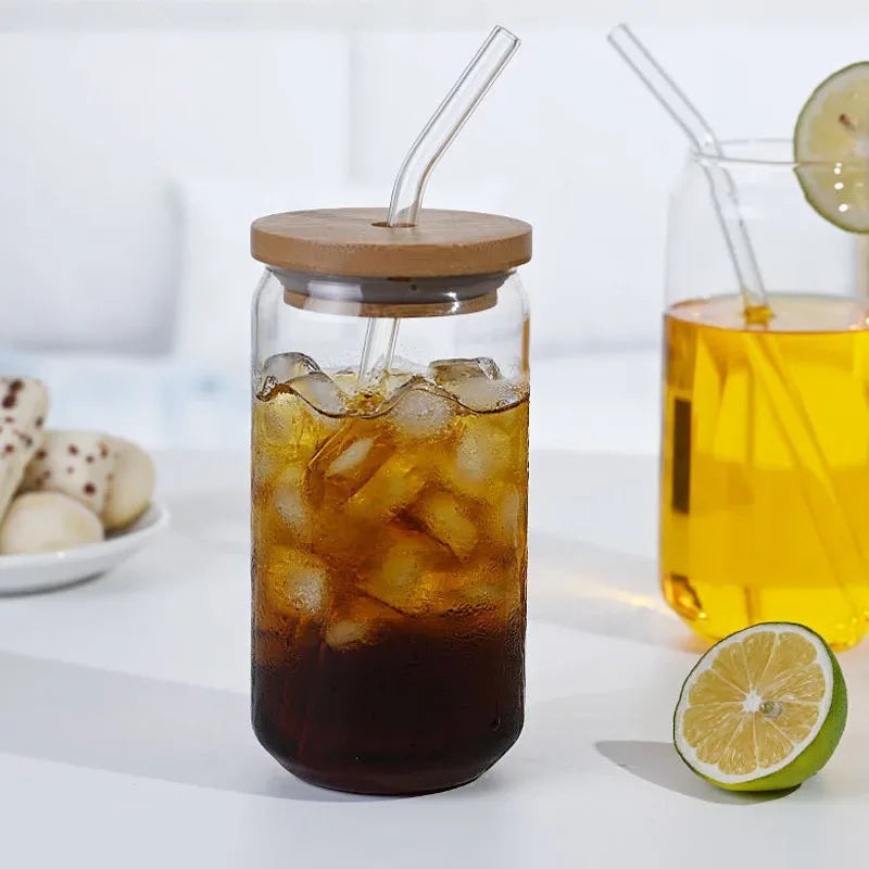 Mason Jar Drinking Glass with Bamboo Lid & Straw – Iced Coffee Cup