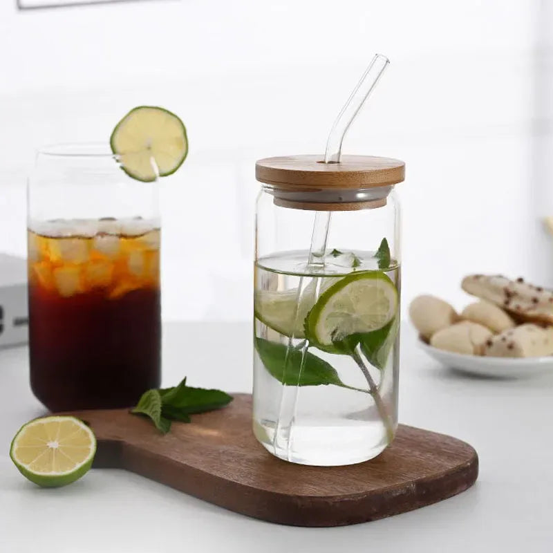 Mason Jar Drinking Glass with Bamboo Lid & Straw – Iced Coffee Cup