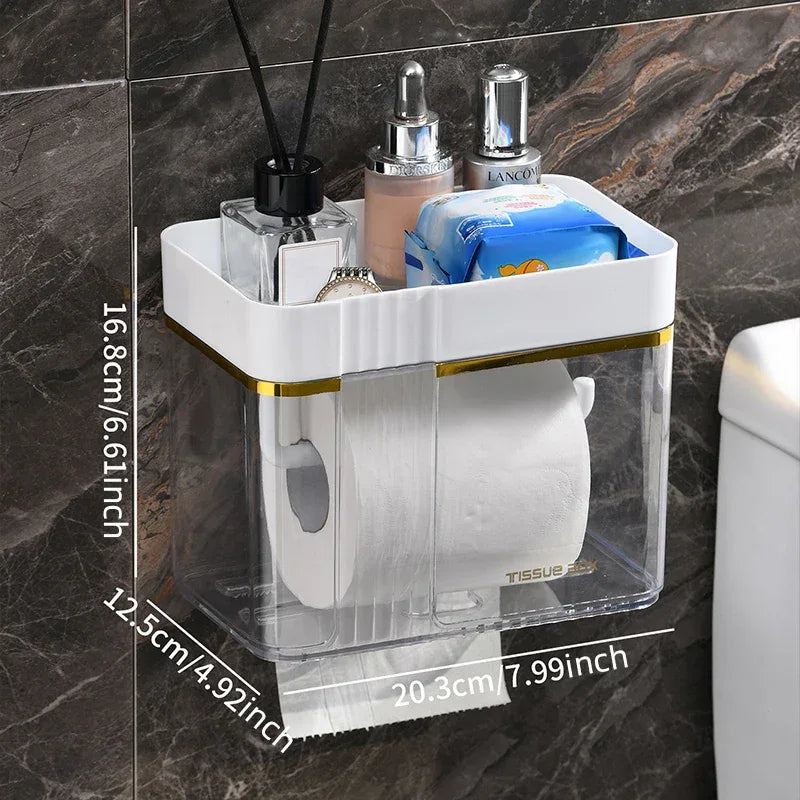 Punch-Free Toilet Paper Holder Box – Waterproof Bathroom Tissue Organizer with Storage Shelf