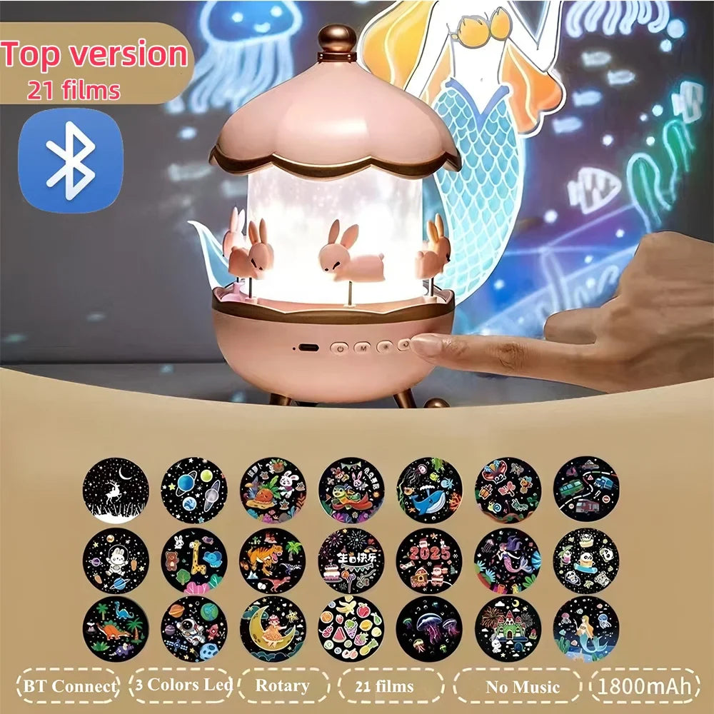 Cute Bunny Carousel Night Lamp - Rotating LED Nursery Light for Kids