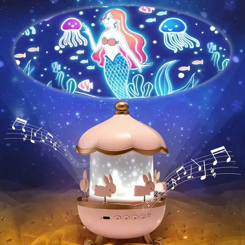 Cute Bunny Carousel Night Lamp - Rotating LED Nursery Light for Kids