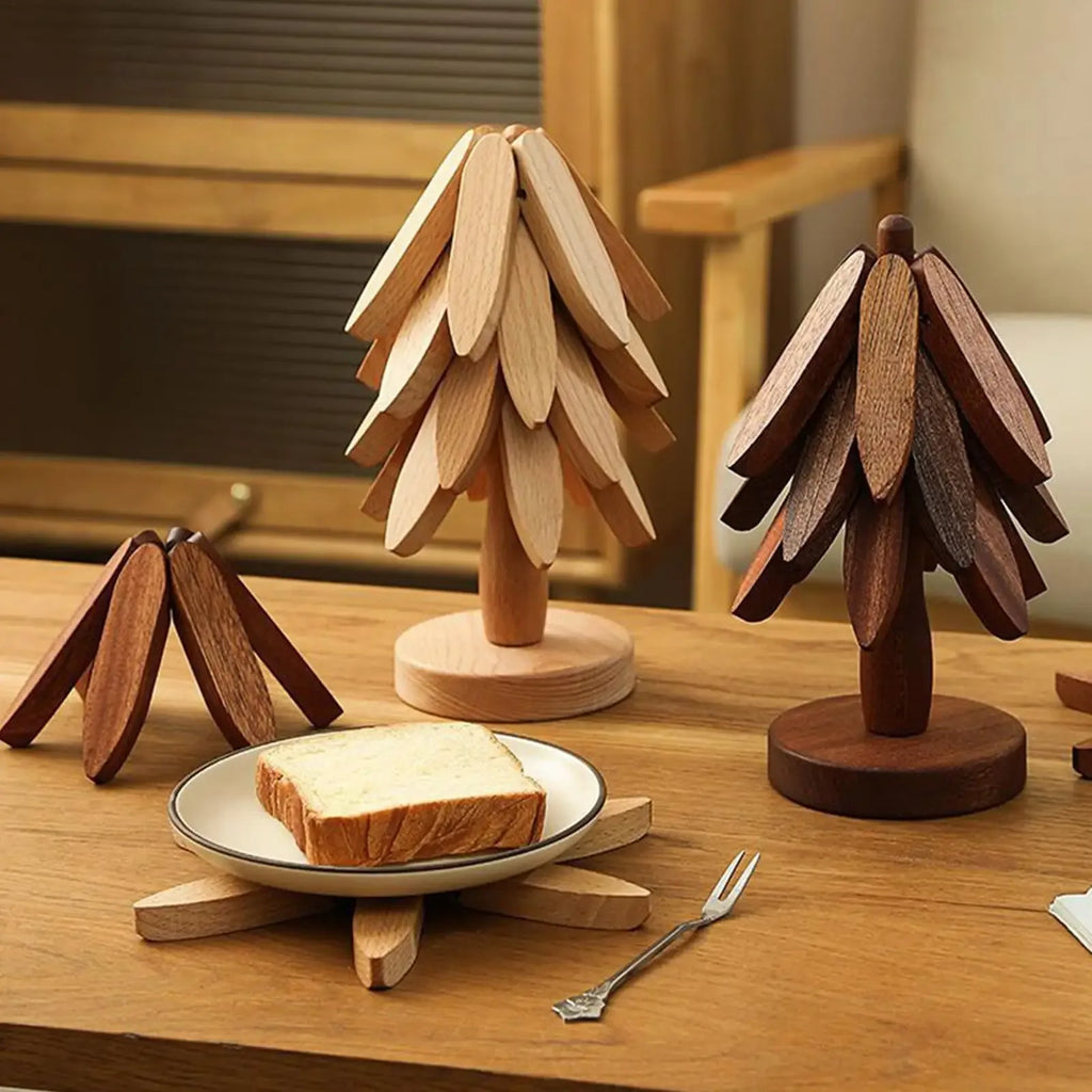Foldable Wooden Tree Trivet & Coaster Set – Heat-Resistant Table Protector