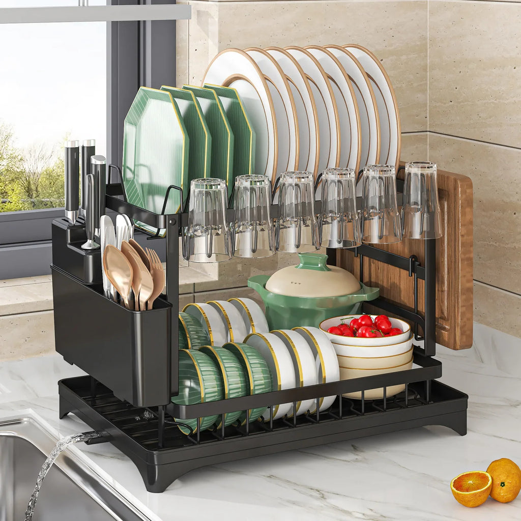 2 Tier Dish Drying Rack with Utensil Holder (Random Color)